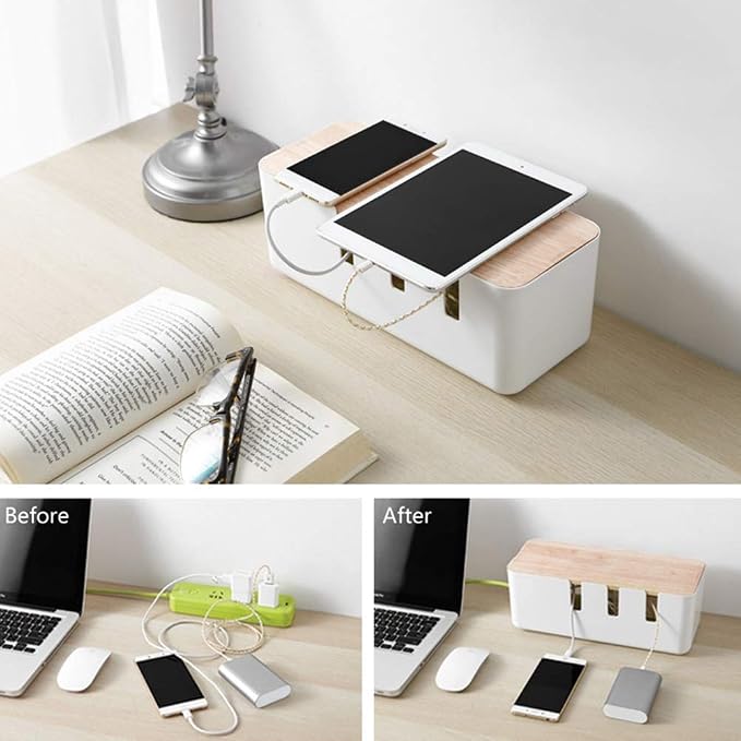 Cable Management Box Organizer with Wooden Cover, 30.3x12.5x11.5cm, for Home Office Desks, ABS Rubber Wood