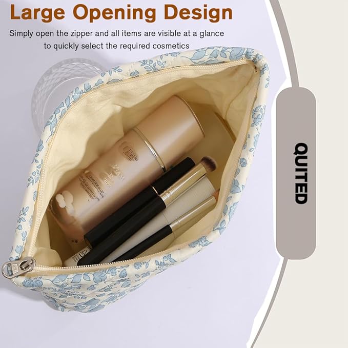 FITINI Makeup Bag Travel Large Portable Quilted Floral Print Cosmetic Organizer Cute Pouch for Women Soft Cotton Zipper Waterproof Toiletry Storage Bags