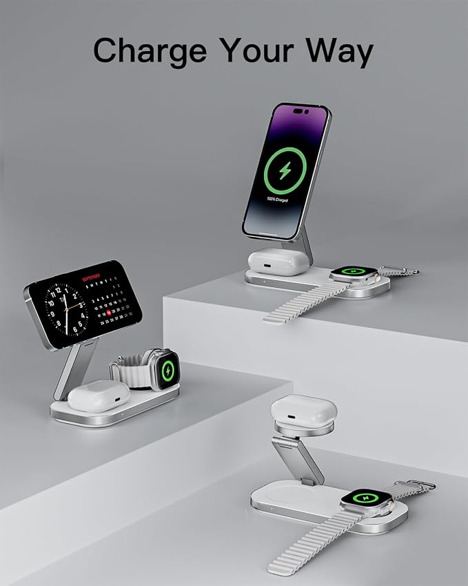 Keepro 3-in-1 Charging Station for Apple Device, Foldable Magnetic Wireless Fast Charger Stand Compatible with MagSafe for iPhone 17e/17/16/15/14/13/12/Air Series, Apple Watch & AirPods-White