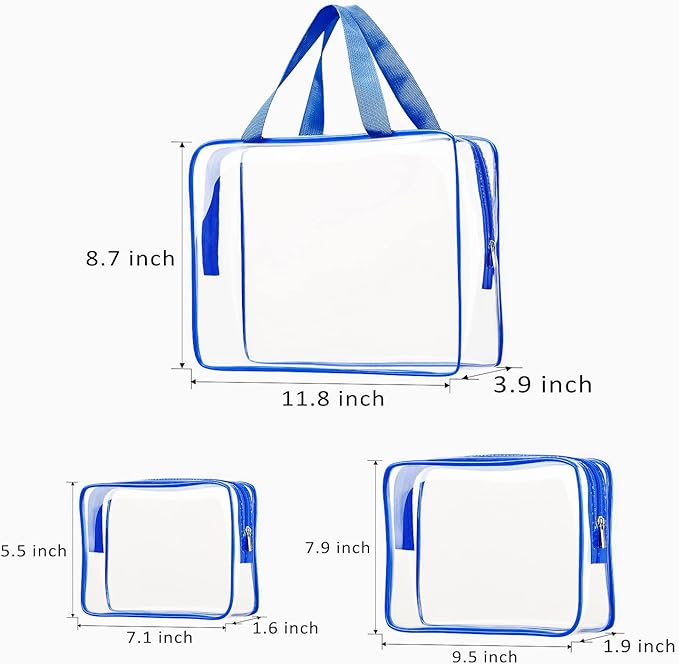 6pcs Clear Cosmetic Bags, TSA Approved Travel Toiletry Bag Set Transparent PVC Zipper Closure Cosmetic Bag Travel Essentials Makeup Bags Organization Blue
