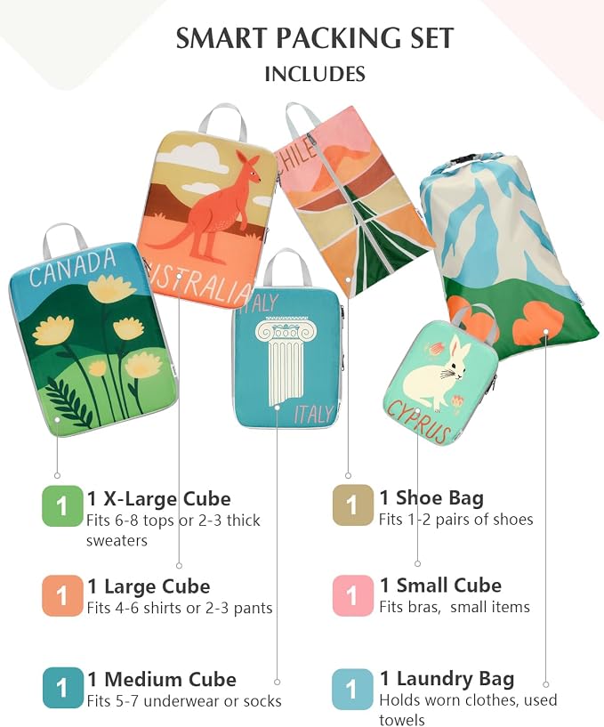 Gonex Compression Packing Cubes, 6pcs Expandable Storage Travel Luggage Bags Organizers with Shoe Bag Laundry Bag, Travel Cubes for Suitcase Carry On (Global Symbols)