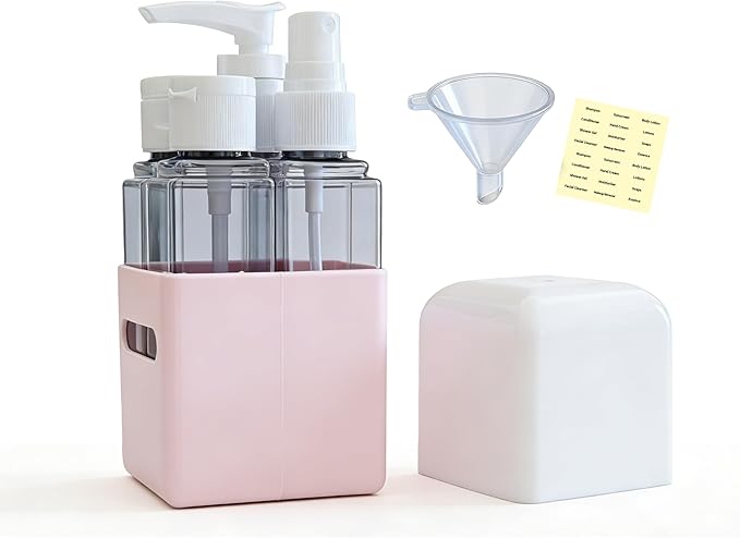 4-in-1 Square Refillable Cosmetic Container Kit, Leak Proof Portable Travel Toiletry Bottles, TSA Approved Travel bottles, Empty Jars for Cosmetics Lotion Shampoo (Light Pink)