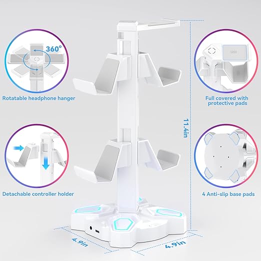 KDD Gaming Headphones Stand, Rotatable Headset Stand with Light Modes - Controller Holder with 2 USB Charging Ports and 3.5mm - Earphone Hanger Accessories for Desktop Gamer(White)