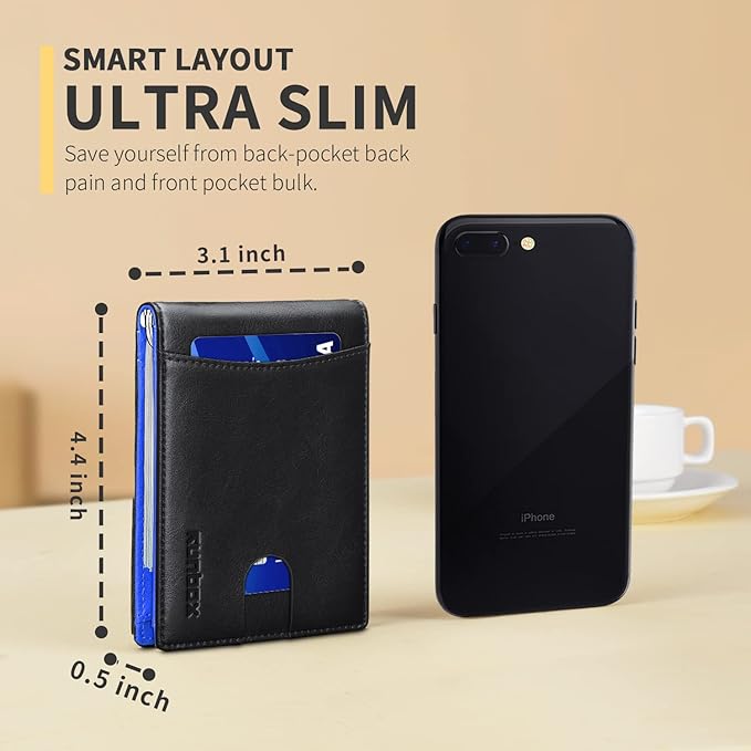 RUNBOX Slim Wallet for Men Genuine Leather RFID Blocking Bifold Minimalist Front Pocket Mens Wallet with Money Clip Thin Gift Box