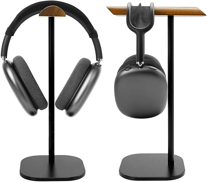 GEVO Headphone Stand for Desk, Walnut Wood & Aluminum Headset Stand, Universal Walnut Gaming Headset Holder with Solid Heavy Base for AirPod Max, Bose, Sony All Headphone Sizes (Square Base)