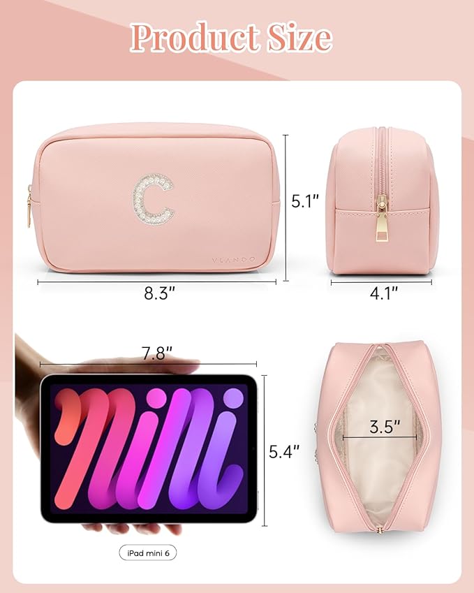 VLANDO Initial Makup Pouch Birthday Gifts for Teen Personalized Toiletry Bag w Zipper, Graduation Gifts Mothers Day Gifts Makeup Bag for Purse Preppy Stuff for Girls Letter C