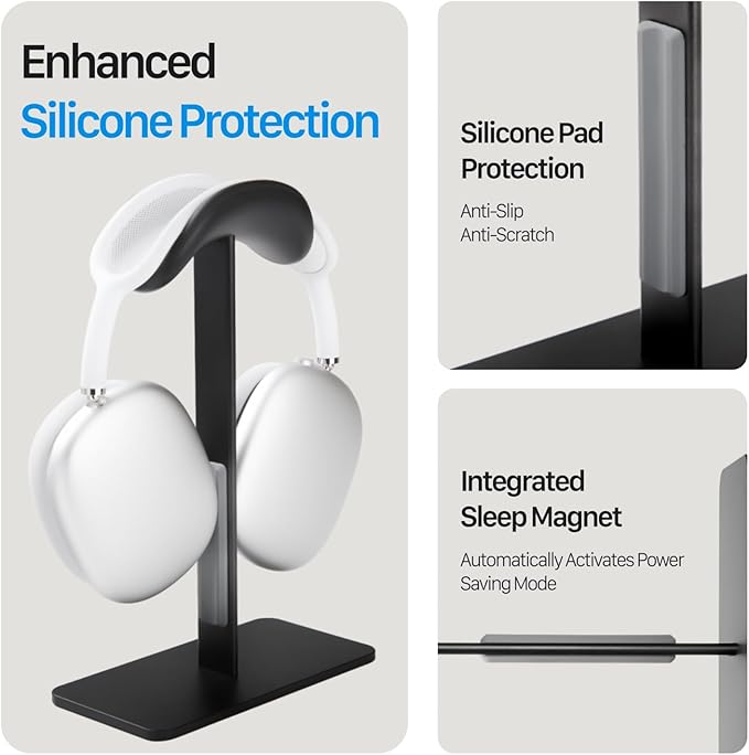 AirPods max Stand with Sleep Mode, Headphone Stand for Desk, Aluminum, Anti-Slip Base, ABS Protection, Anti-Scratch Touch Surface (Black)