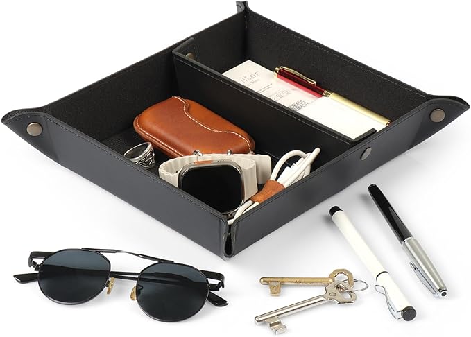Londo Leather Tray Organizer - Practical Lightweight Water Resistant Computer Table Desk Storage Box for Wallets, Watches, Keys, Coins, Cell Phones and Office Equipment