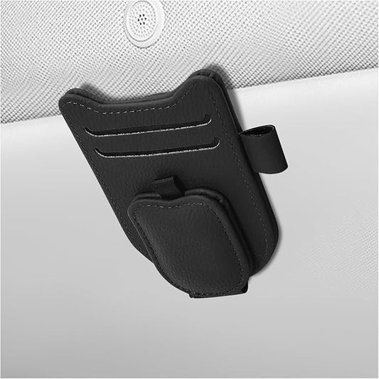 Sunglasses Holder for Car Visor, Magnetic Auto Sun Visor Organizer with Ticket & Pen Clip, Multi-Pocket Leather Eyeglass Clip Interior Accessories for Most Vehicles (Black)