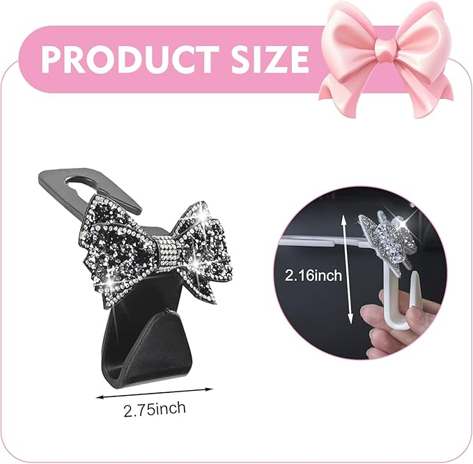 2 PCS Bling Bow Car Headrest Hook, Diamond Sparkling Invisible Seat Headrest Hooks, Vehicle Storage Organizer with Butterfly Bow Vent Clip for Purses, Bags, Groceries (Black)