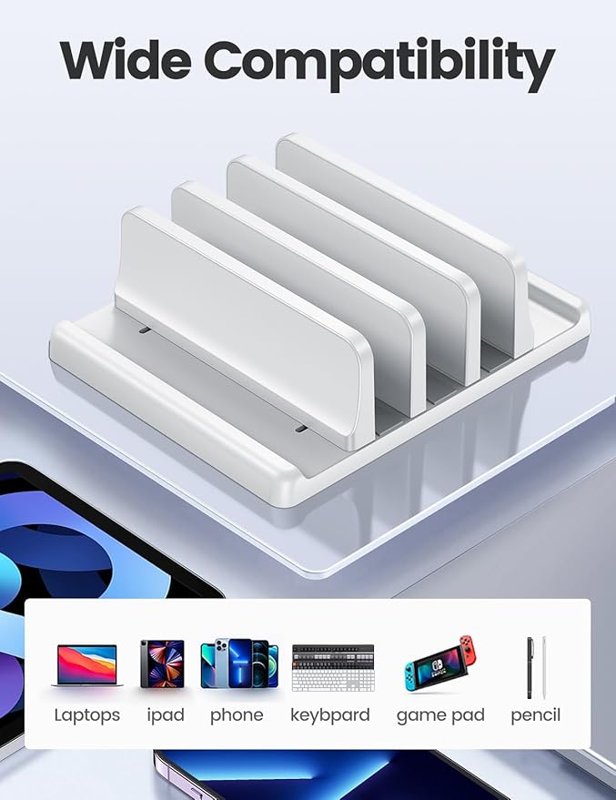 Vaydeer 3-Slot Vertical Laptop Stand Made of Premium ABS Plastics 5 in 1 Design Space-Saving Adjustable Desk Organizer for All MacBook/Chromebook/Surface (White)