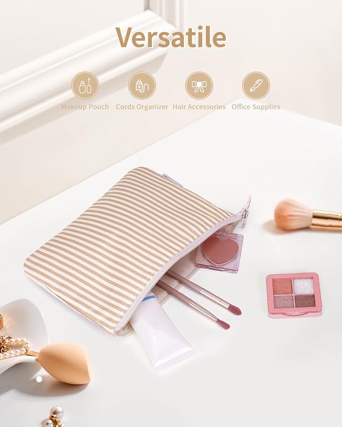 Narwey Small Striped Makeup Bag for Purse Travel Makeup Pouch Cosmetic Bag Zipper Pouch Bags for Women (Brown Stripe)