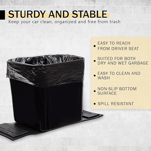 Car Trash Can with Stability Wings – Leakproof Portable Garbage Bin for Fabric & Rubber Mats – Compact Durable Plastic Auto Organizer for Cars, SUVs, Trucks (Black, Large)