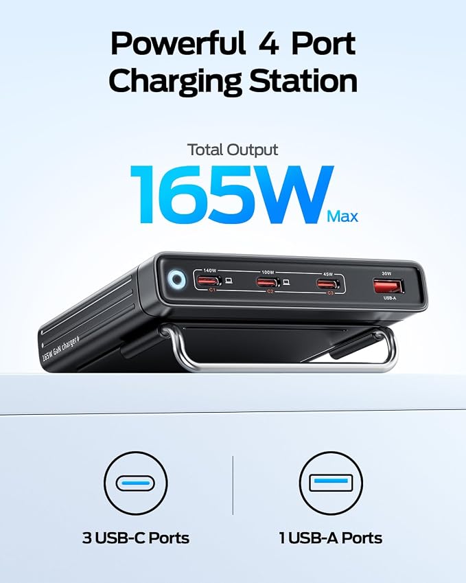 MOVESPEED 165W 4 Port Slim GaN Charging Station, 140W Single Port USB-C Fast Charger with Detachable 5ft Cable & 2 Stands for Laptops, Phones, Tablets (for MacBook/Dell/HP/Samsung etc)