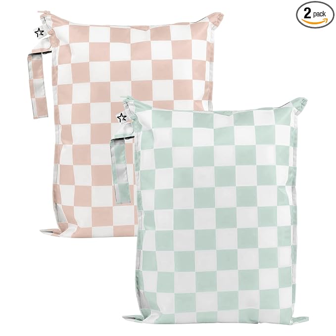 Tiny Twinkle Mess Proof Wet Bags | 2-Pack Reusable Waterproof Wet Bags for Swimsuits | Baby Clothes | Travel & Diaper Bag (Unisex Checkers)