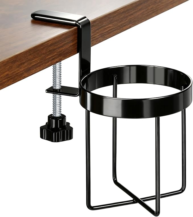 MYITYARD Desk Cup Holder Clamp, Anti-Spill Clip On Table Cup Holder, Rotatable Water Bottle Stand Drink Coffee Mug Storage, Office Accessories for Home and School (Black)