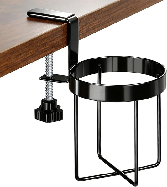 MYITYARD Desk Cup Holder Clamp, Anti-Spill Clip On Table Cup Holder, Rotatable Water Bottle Stand Drink Coffee Mug Storage, Office Accessories for Home and School (Black)
