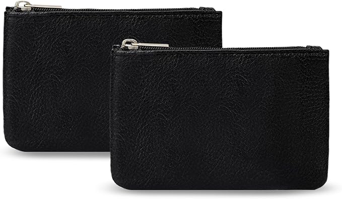 KALIONE 2 Pack Coin Purse, Portable PU Leather Coin Purse with Zipper Coin Purse Mini Change Purse Small Coin Purse for Women Credit Card Folded Bills ID Key Headset Lipstick(Black&Black)