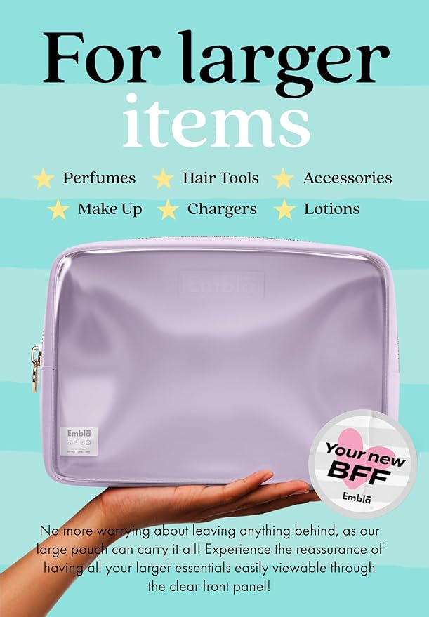 Embla Clear Large Makeup Bag Cute Big Make Up Nylon Pouches Travel Bathroom Bags for Toiletries XL Cosmetic Pouch for Women Girls Extra Large Zipper Toiletry Skincare Organizer Lavender
