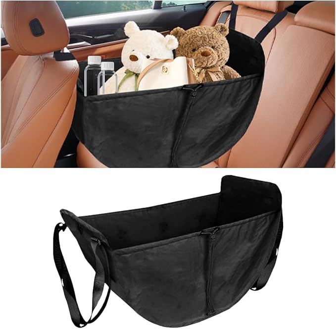Car Seat Organizer - Large Capacity Passenger Seat Organizer, Collapsible Car Hammock Storage Bag Auto Backseat Organizer, Reusable Tote with Drawstrings, Road Trip Essentials for Adults Kids (Black)