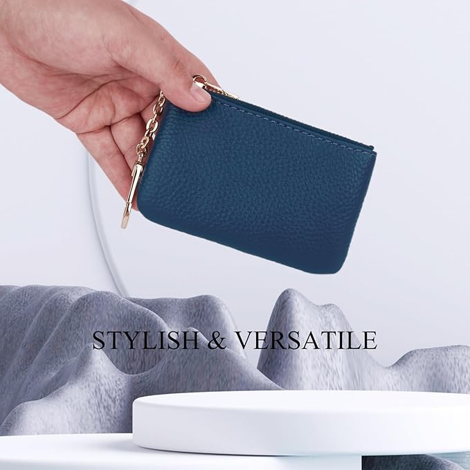 Full Grain Leather Coin Purse with Key Chain - Small Change Purse Keychain Card Holder Keychain Pouch Small Keychain Wallet for Women and Men (Navy Blue), LA-2312