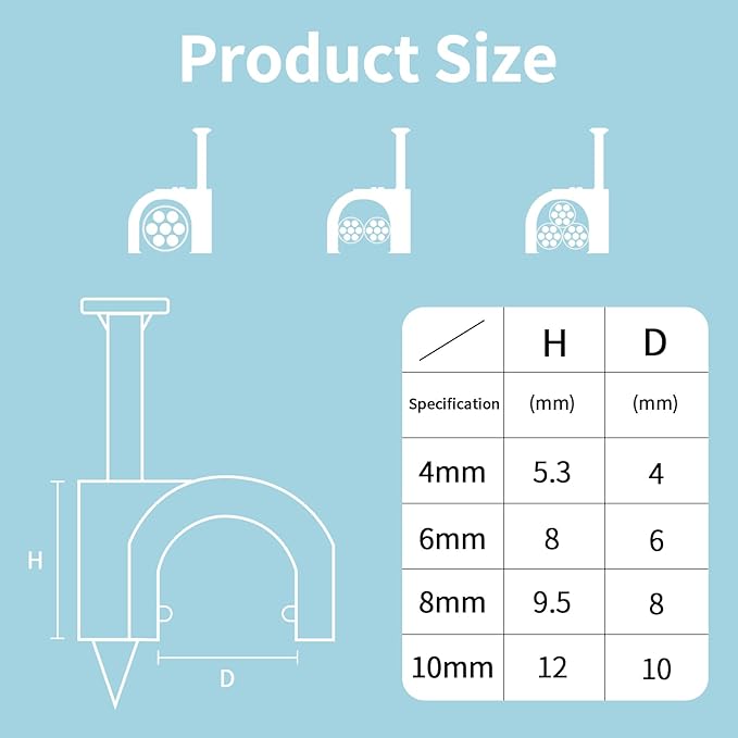 Abnii Cable Clips, 400 Pcs, 4mm 6mm 8mm 10mm, Wire Wall Clips with Steel Nails, Cable Management Organizer Clip, Cable Tacks Coax Holder Clip, RG6 RG59 CAT6 RJ45 Cable Cord Staples, Black