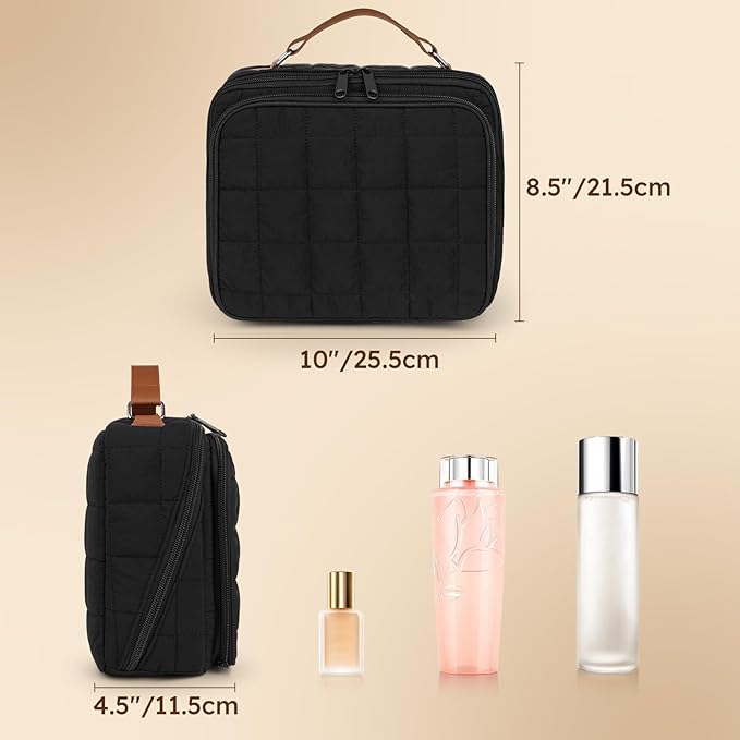 MOKURA Quilted Makeup Bag, Travel Large Capacity Cosmetic Bag with Jewelry Organizer, Standing Portable Make up Pouch, Waterproof Toiletry Case, Gifts for Women, Black