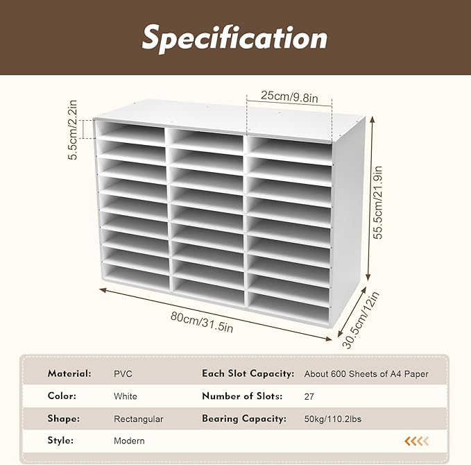 Literature Organizer 27 Slots, Compartments Mail Sorter Organizer, Adjustable Desktop File Organizer with Removable Shelves, Paper Organizer for Home Office School (White, 27 Slots)
