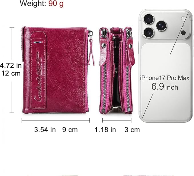 CONTACTS Soft Leather Wallet for Women Small Bifold Coin Purse Double Zipper Card Holder with RFID Blocking (Purplish Red)
