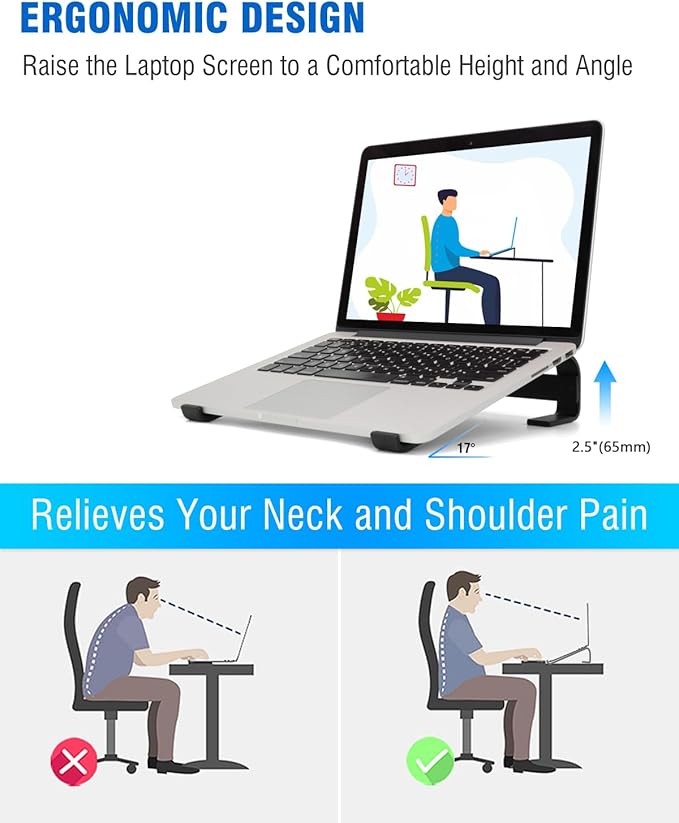 Laptop Stand for Desk, Ergonomic Aluminum Laptop Riser, Ventilated Notebook Stand Compatible with MacBook Air Pro, Dell XPS, HP, More 11-17.3 Inches, Work from Home (Black)