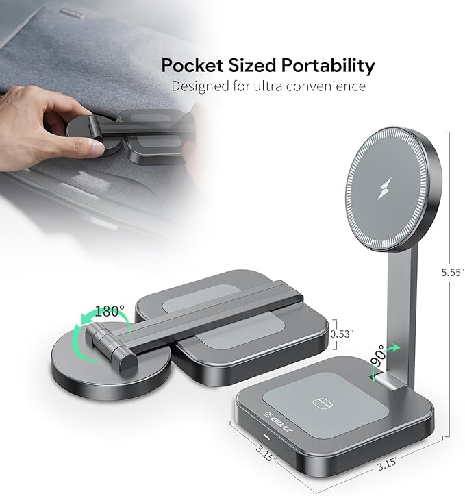 Esoulk 2 in 1 Magnetic Wireless Charging Station, Foldable Charger Stand for iPhone 17/16/15/14, AirPods Charging Pad, Travel Compact 15W Fast Wireless Charger