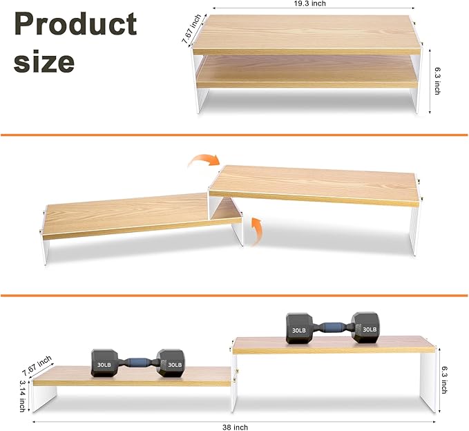 YGYQZ Adjustable Monitor Stand Riser with Acrylic Legs丨19.3" Length Dual Monitor Stand for Desk丨2-Tier Wood Desktop Organizer for Computer, Laptop, Printer & PC丨Modern Aesthetic Desk Shelf(wood-wavy)