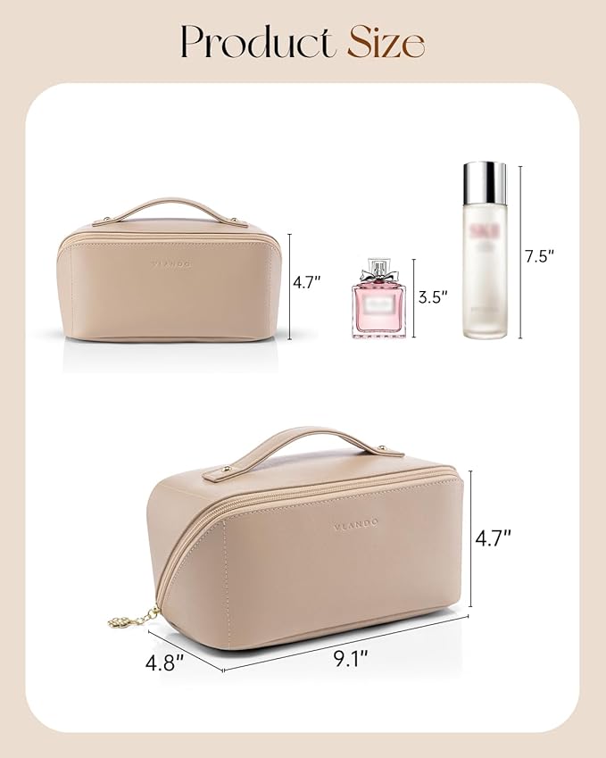 VLANDO Makeup Bag,Travel Toiletry Bag,Cosmetic Bag for Women PU Leather Portable Make up Bag for Skincare, Brushes & Travel Essentials-Toffee