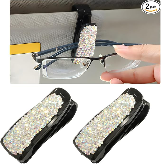 Wevdn 2 PCS Car Sun Visor Glasses Holder, Fashion Bling Car Eyeglasses Sunglasses Hanger for Women Girls, Glasses Holder Clip Hanger Mount with Ticket Card Clip, Car Accessories (AB)