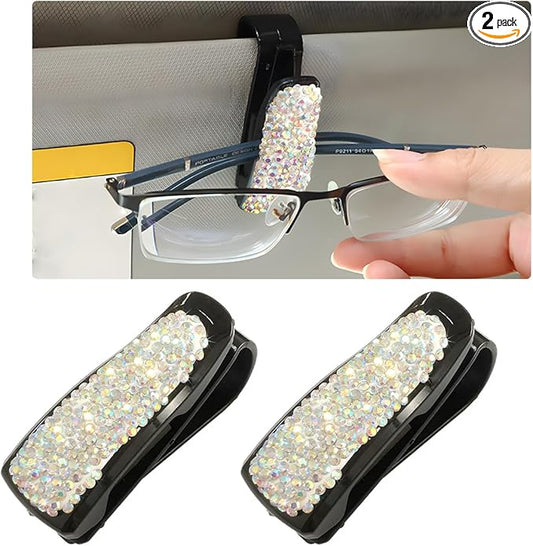 Wevdn 2 PCS Car Sun Visor Glasses Holder, Fashion Bling Car Eyeglasses Sunglasses Hanger for Women Girls, Glasses Holder Clip Hanger Mount with Ticket Card Clip, Car Accessories (AB)