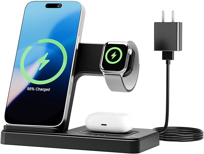 Wireless Charging Station for Apple Devices: 3 in 1 Foldable Qi Compact Case-Friendly Charger Stand for iPhone 17-12 & Apple Watch & AirPods Charging Dock for Travel Home Office Desk Nightstand(Blcak)