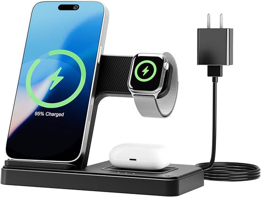 Wireless Charging Station for Apple Devices: 3 in 1 Foldable Qi Compact Case-Friendly Charger Stand for iPhone 17-12 & Apple Watch & AirPods Charging Dock for Travel Home Office Desk Nightstand(Blcak)