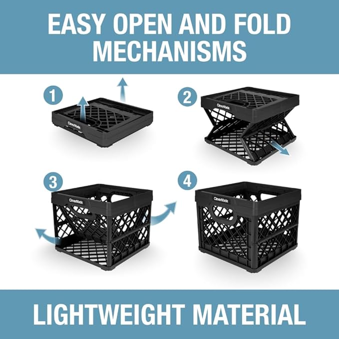CleverMade Collapsible Milk Crate 25L (6.6 Gal), 50 lb Capacity Heavy Duty Folding Crate – Stackable Storage Crates with File Rails, Plastic Collapsible Crates - Obsidian