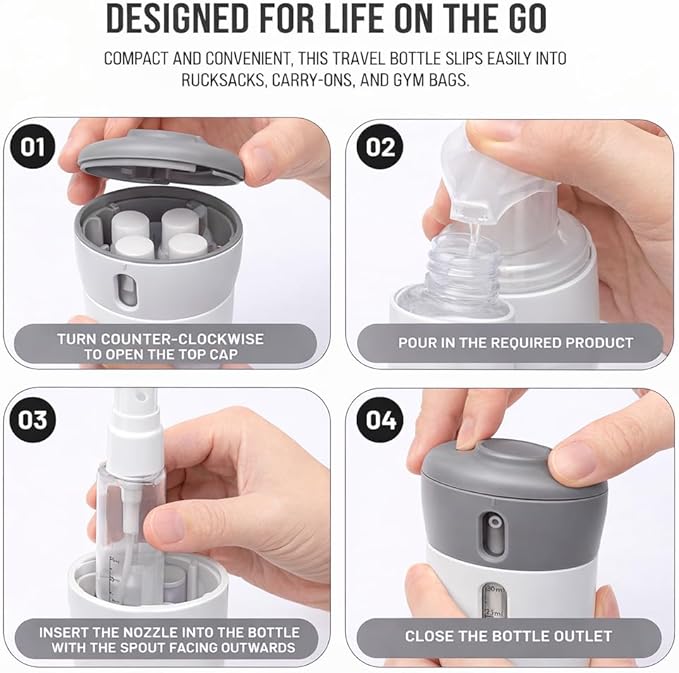 Travigo 4-in-1 Travel Dispenser Bottle Set, TSA Approved, Leak Proof, Reusable 1.4 oz. (40 mL) Toiletry Containers for Shampoo, Conditioner, Soap, Lotion, Skincare (2 Pack, Black & Gray)
