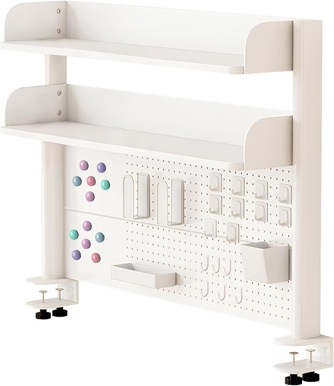 Clamp On Desk Organizer Shelf,White Desk Extender Pegboard Workstation,Computer Desk Accessories for Office, Desktop Shelving System,Desktop Bookshelf Storage Shelves for Desk,23.6in