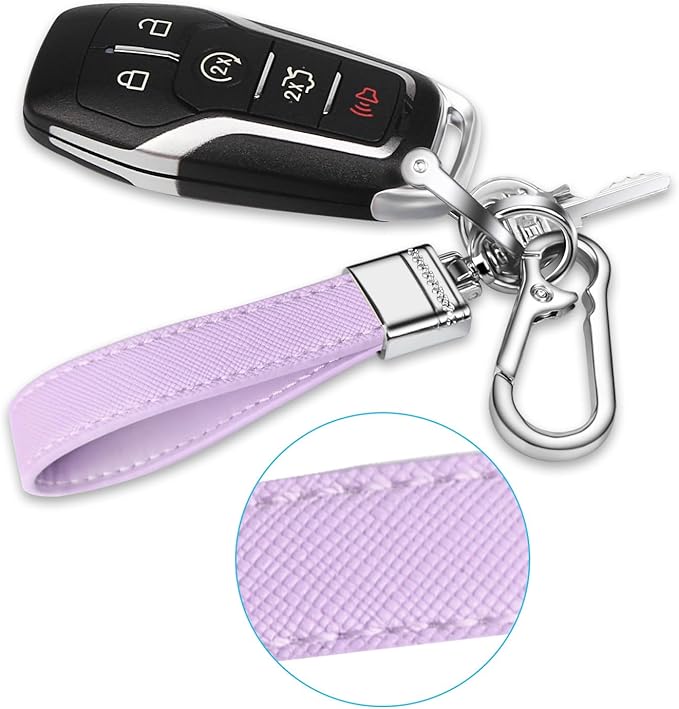 QBUC Genuine Leather Car Keychain,Universal Heavy Duty Metal Key Chain Accessories,Car Fob Key Keychain Holder with 360 Degree Rotatable Snap Swivel and Anti-Lost D-Ring for Men Women(Lavender Purple)