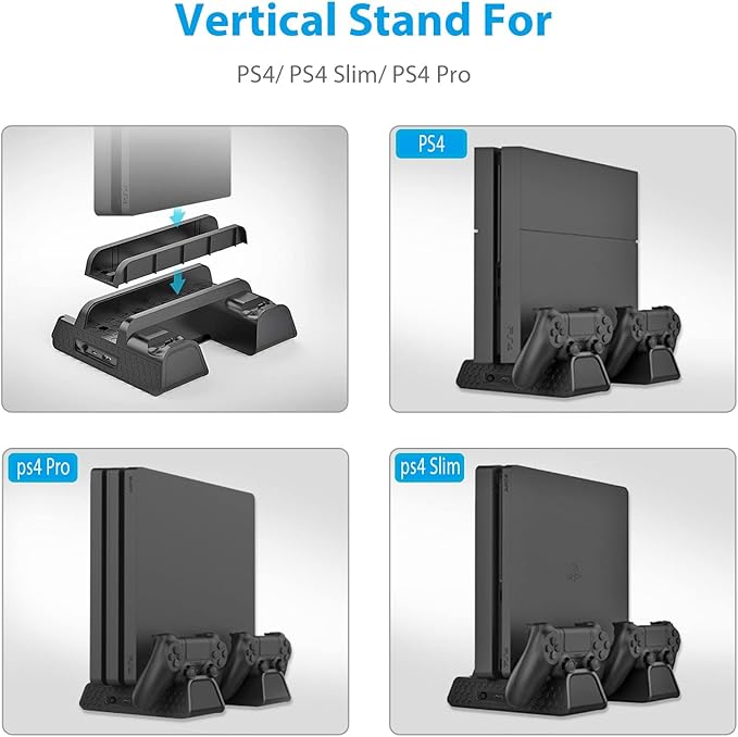 Vertical Stand for PS4/PS4 Slim/PS4 Pro - Cooling Fan with PS4 Charger Controller Charging Station with Game Storage (Black)