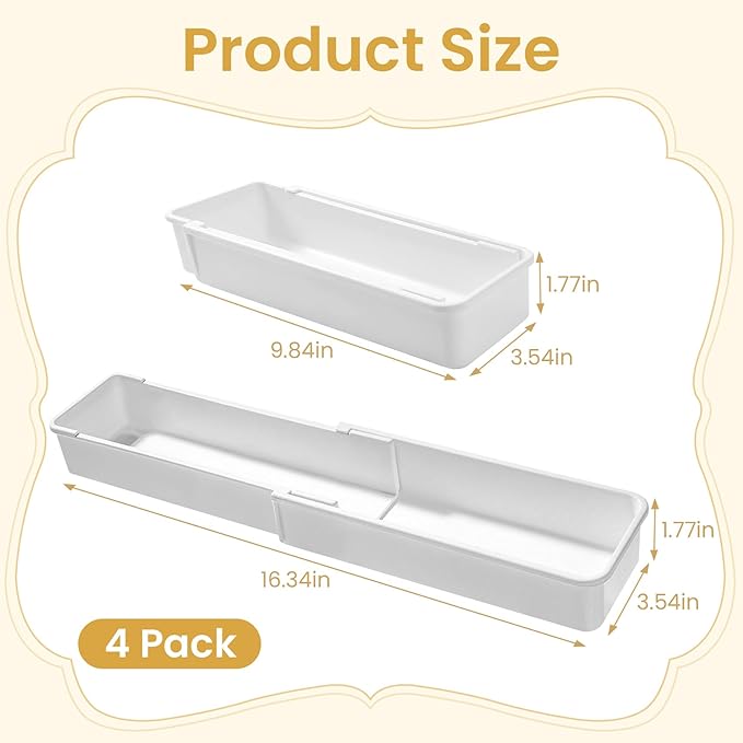 Drawer Organizers Set | 4-Pack Expandable Drawer Dividers for Bedroom, Bathroom, Kitchen & Office | Plastic Drawer Trays with Adjustable Length (White)