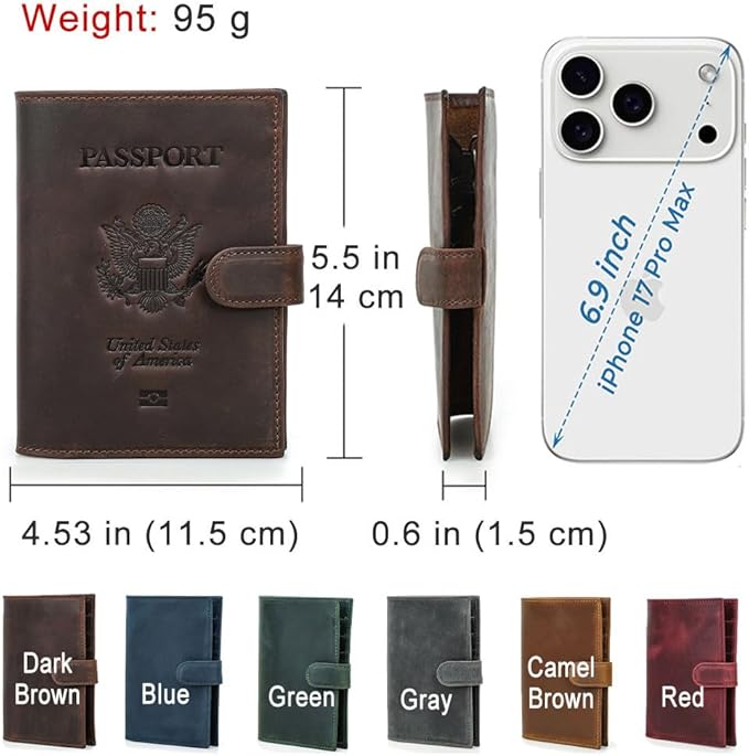 CONTACTS Full Grain Leather Passport Holder Compatible with Airtag RFID Blocking Passport Wallet for Men Travel Passport Cover with SIM Card Removal Tool (Bagde, Dark Brown)