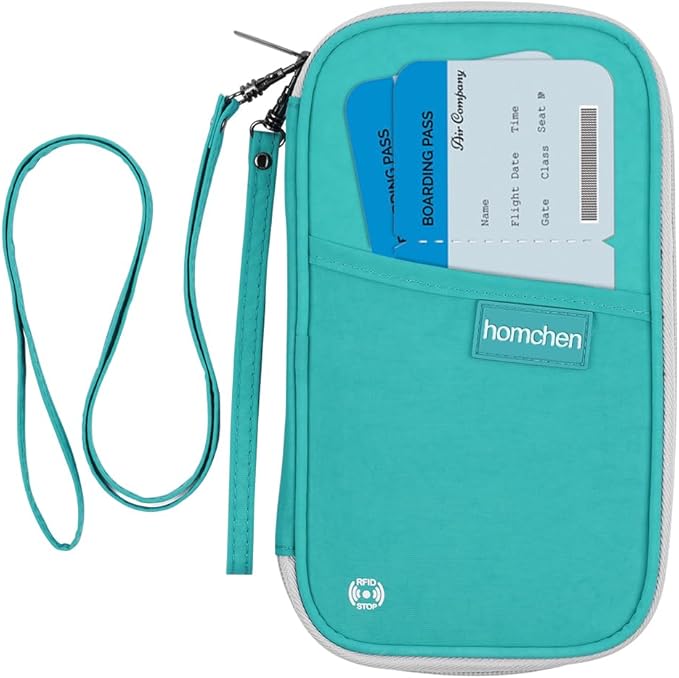 RFID Passport Wallet with Vaccine Card Slot, Family Travel Passport Holder Document Organizer Bag with Wrist & Neck Double Strap