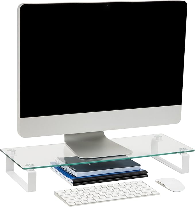 Mind Reader Monitor Stand, Contemporary, Desktop Organizer, Laptop Riser, Office, Glass, 22"L x 8.25"W x 3"H, Clear