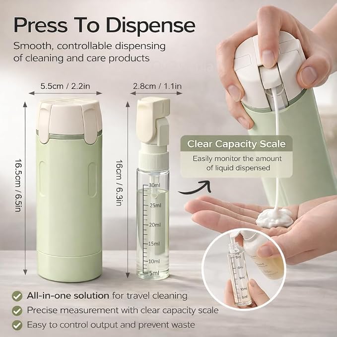 4-in-1 Travel Bottles for Toiletries, Travel Pump Bottle，Leak-Proof Shampoo Conditioner Lotion Dispenser with Pump, Compact No-Spill Toiletry Containers for Travel & Business Trips (Green)