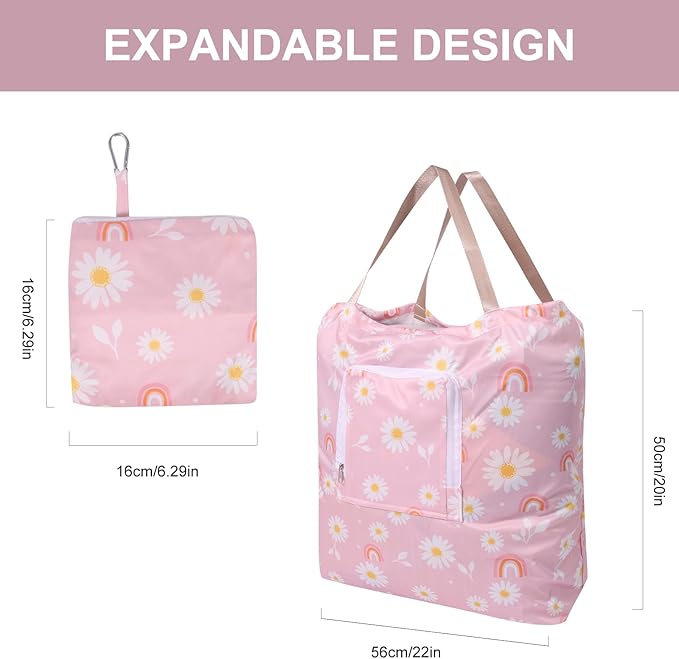 2 Pack Travel Laundry Bag with Handle and Drawstring, Expandable Foldable Dirty Clothes Bags with Hook and Zipper, 23*20 inch, Cartoon 1 White + Pink