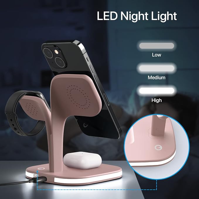 EXW Magnetic Charging Station, 5 in 1 Faster Mag-Safe Wireless Charger Stand for iPhone17/Air/16/15/14/13/12 Pro/Max/Mini/Plus, Apple Watch 10/9/8/7/6/SE/5/4/3/2 and Airpods 3/2/Pro/Pro 2 with LED