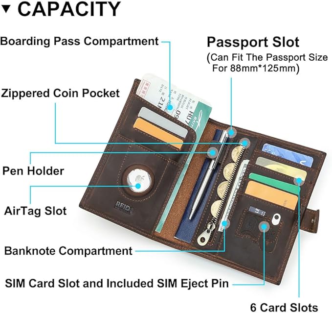CONTACTS Full Grain Leather Passport Holder Compatible with Airtag RFID Blocking Passport Wallet for Men Travel Passport Cover with SIM Card Removal Tool (Bagde, Dark Brown)